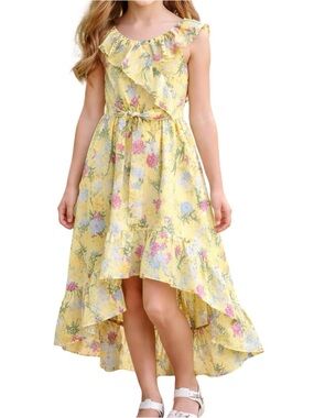 Girls Spring Summer Dress Size 8 Yellow Floral Ruffle Asymmetrical